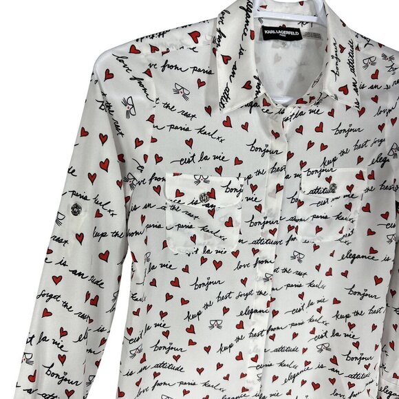 Karl Lagerfeld Paris XS White Blouse Red Heart Script Button Up Roll Tab Sleeve - Picture 7 of 16